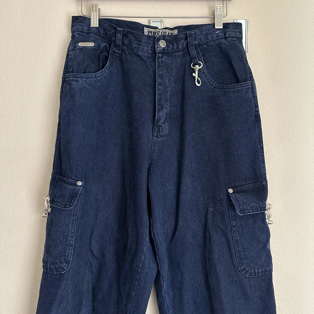 Pure Gear Cargo Jeans Mens 29 Dark Wash Blue‎ Vintage 90s Baggy Utility Denim